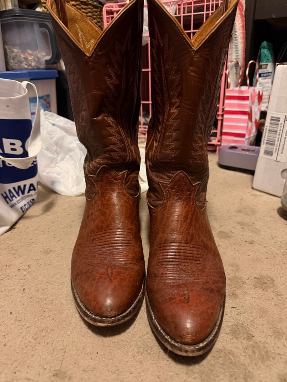 Tony Lama Tan Leather Western Cowboy Boots with Stitch Detail